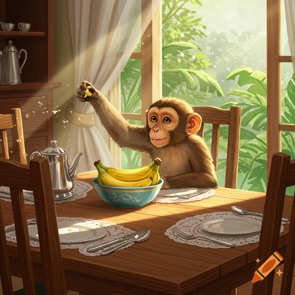 Illustrative monkey sits at a dining table, holding a banana piece, with a bowl of bananas, looking out window at green plants.