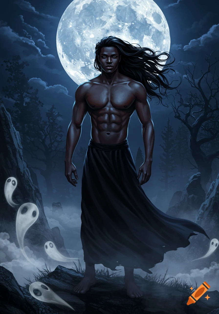 Muscular black male vampire with long hair stands shirtless on a misty hilltop under a full moon, surrounded by ghosts, digital art.