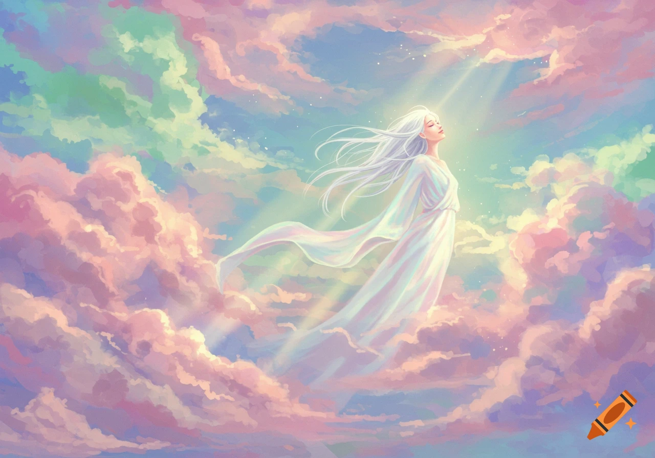 An angelic woman with flowing white hair and gown floats amidst vibrant pastel clouds, with light rays, in a digital painting.