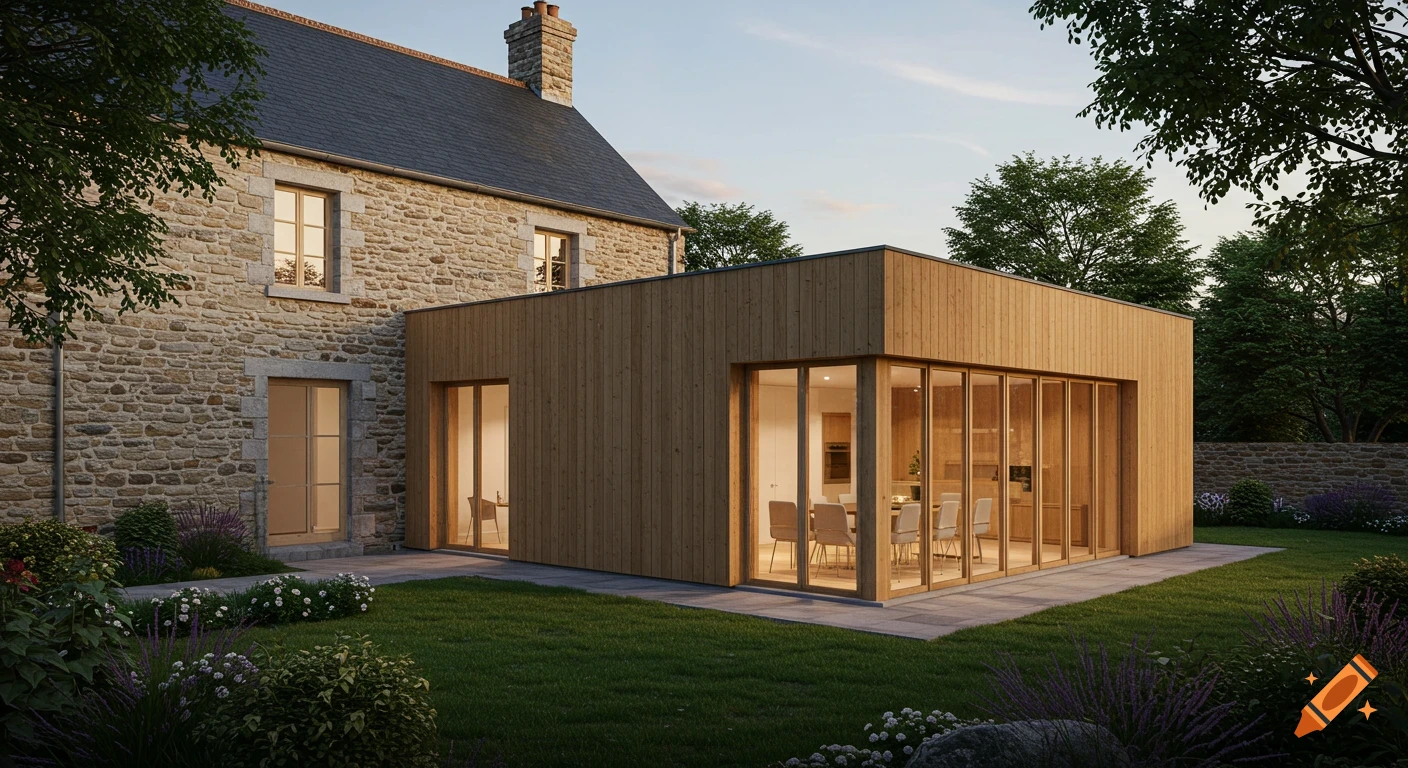A modern wooden house extension with large glass windows integrated into an older stone house, surrounded by a lush green garden at golden hour.