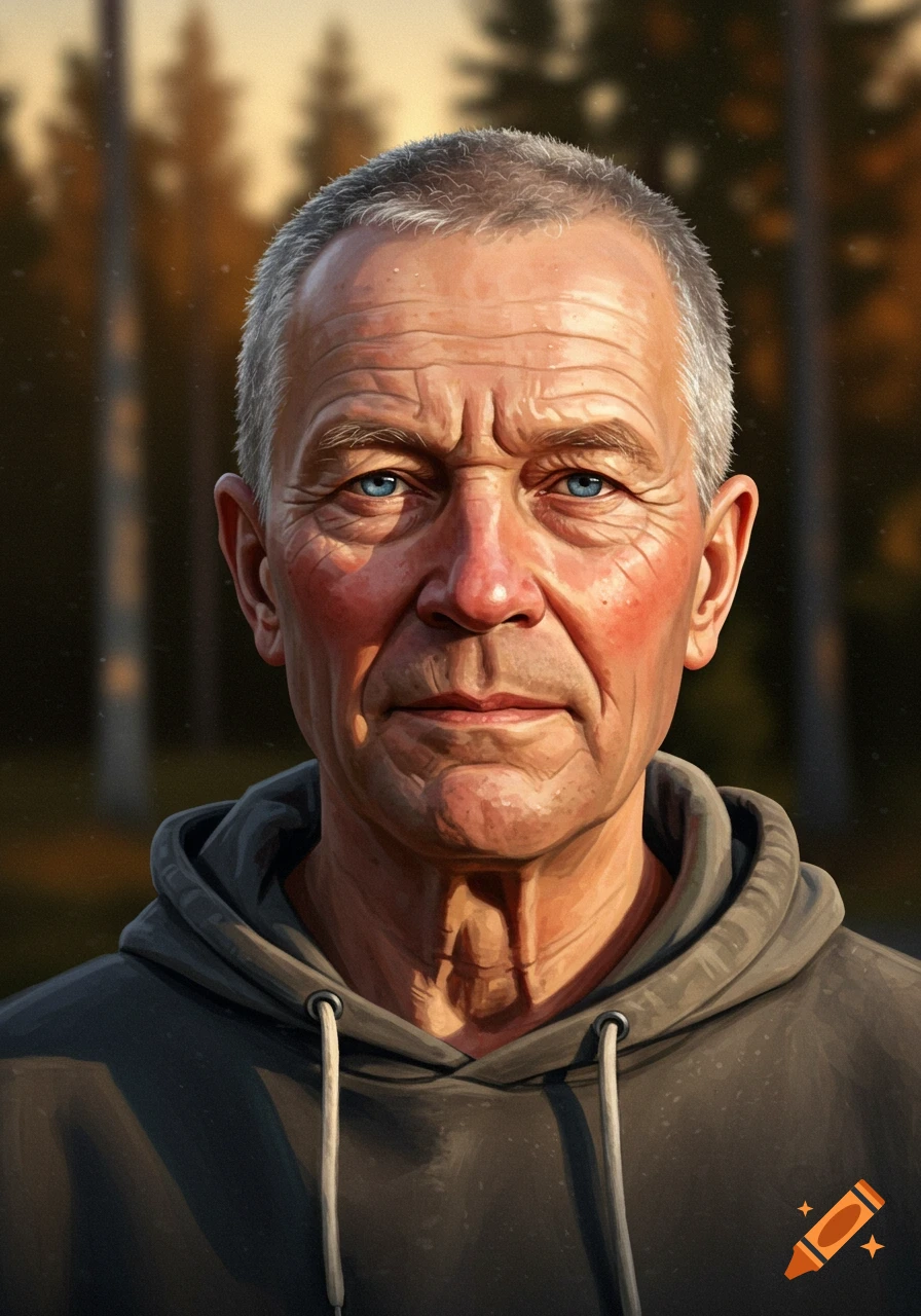 Close-up, painterly portrait of an older man with grey hair, blue eyes, and a serious expression in a grey hoodie, blurred forest background.