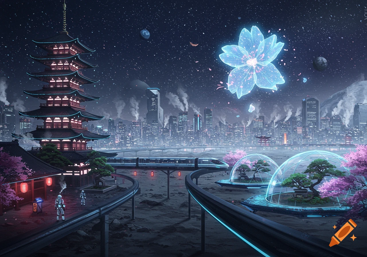A futuristic Japanese city on the moon features a pagoda, a bullet train, astronauts, and a large glowing blue flower under a starry sky.