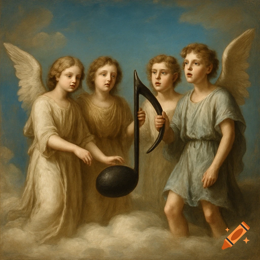 Baroque painting of four child angels on clouds holding a large black  musical note, appearing to sing. on Craiyon, image size:1024x1024