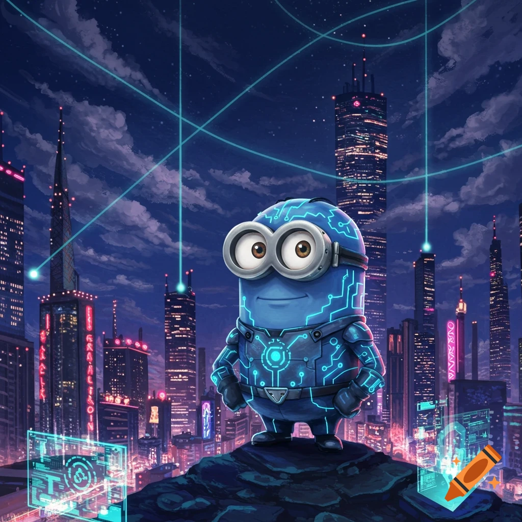 A blue Minion in cybernetic armor stands on a rock overlooking a glowing cyberpunk city at night with digital connections.