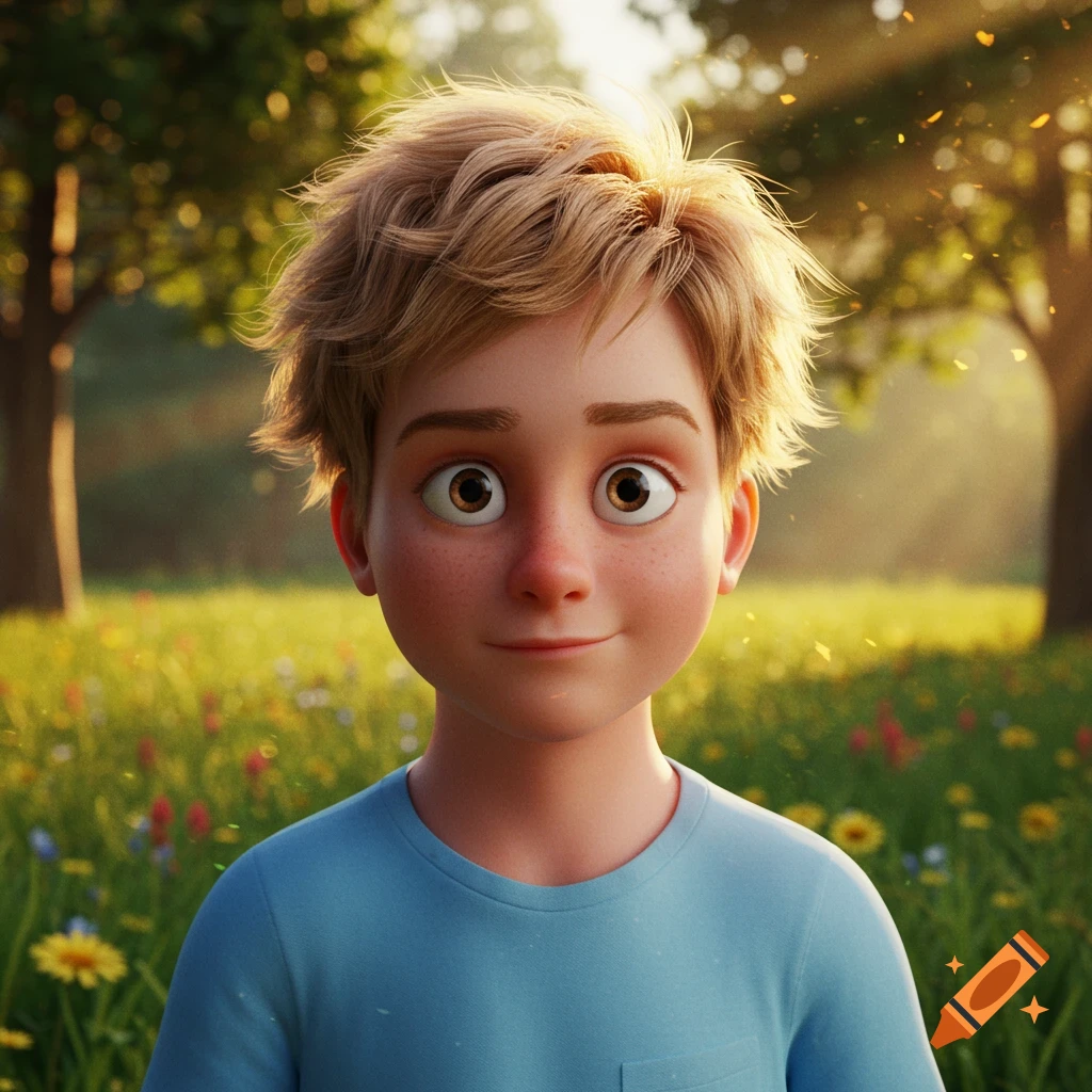 Cartoon boy with blonde hair and freckles smiling in a sunny field with wildflowers.