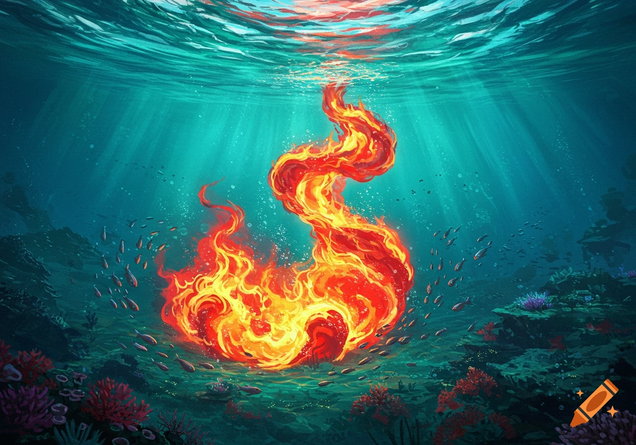 Vibrant, fiery orange and red flame swirls from the ocean floor, illuminating turquoise water, coral reefs, and schools of fish. Illustrative style.