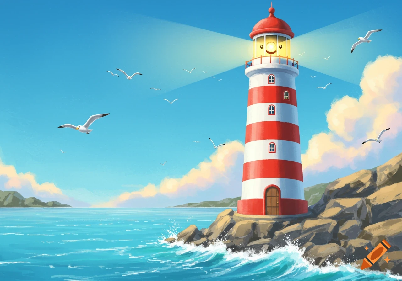 A cute, smiling cartoon lighthouse with red and white stripes on a rocky coast, beaming light over a blue sea with seagulls flying under a clear sky.