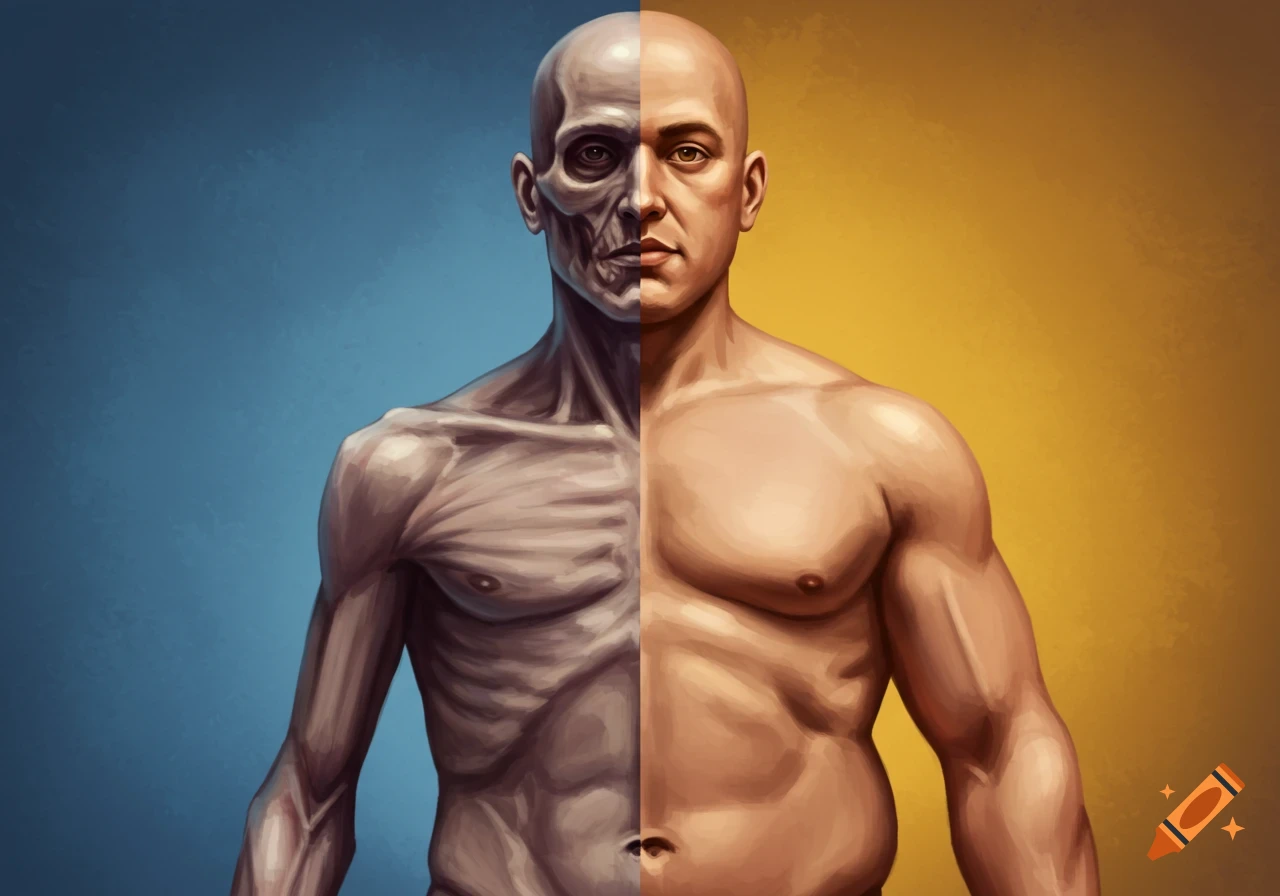 Painterly illustration of a bald man split vertically, showing an emaciated left side and an obese right side against a split blue and yellow background.