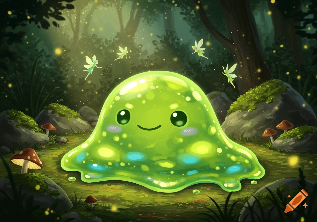 A cute, glowing green slime monster with big eyes smiles in a magical forest with fireflies and fairies flying around.