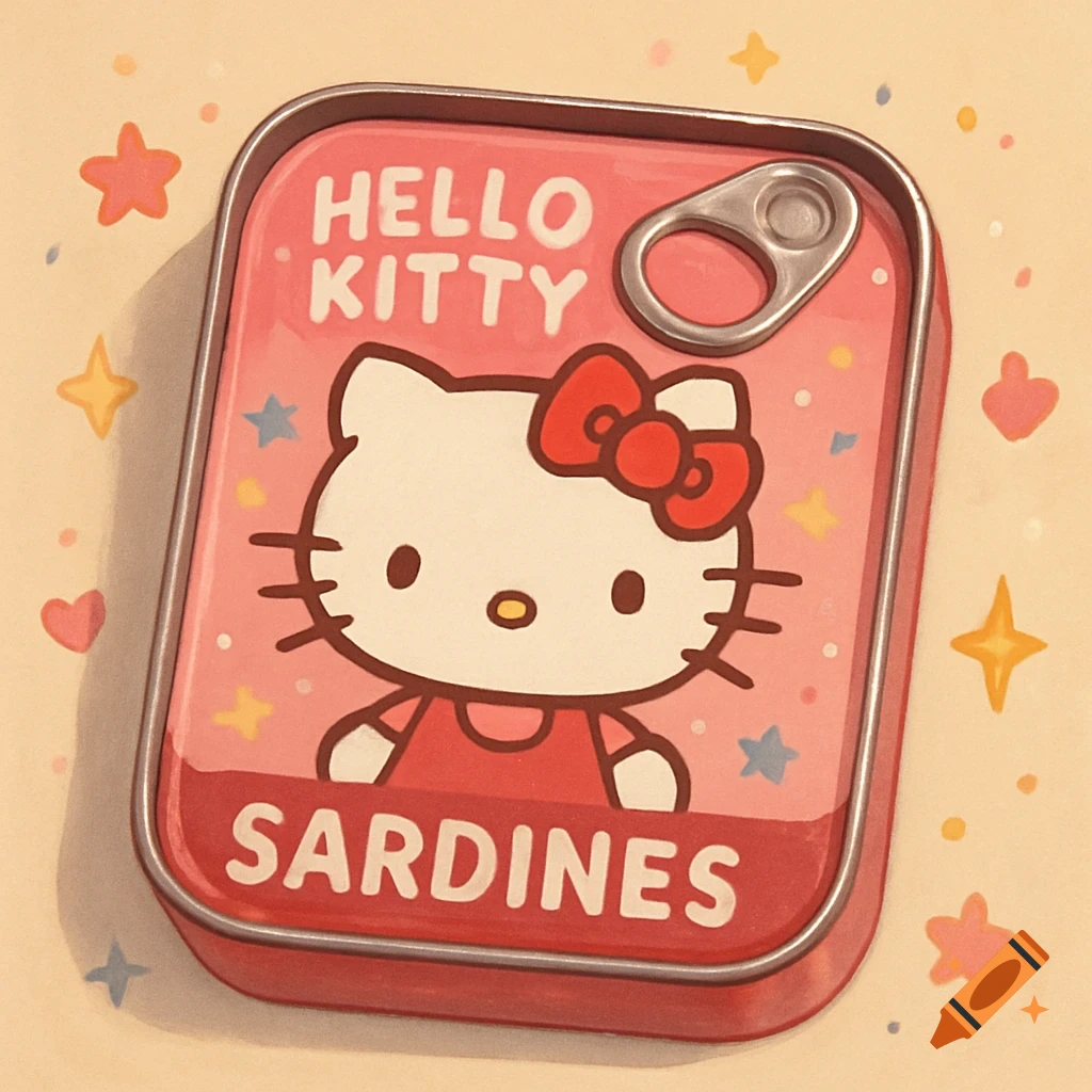 A cute illustration of a pink Hello Kitty branded sardine can with a red bow, surrounded by stars and hearts.