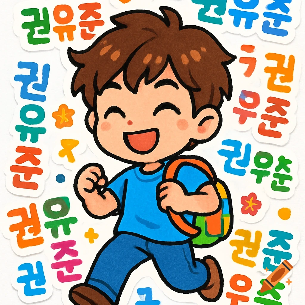 Cheerful brown-haired cartoon boy in blue shirt and jeans with a backpack, walking amidst colorful repeated Korean text '권유준' in a fun sticker style.