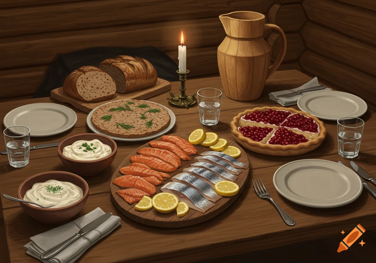 A wooden table set with a variety of Scandinavian-style food including salmon, herring, bread, pie, sauces, and a lit candle.