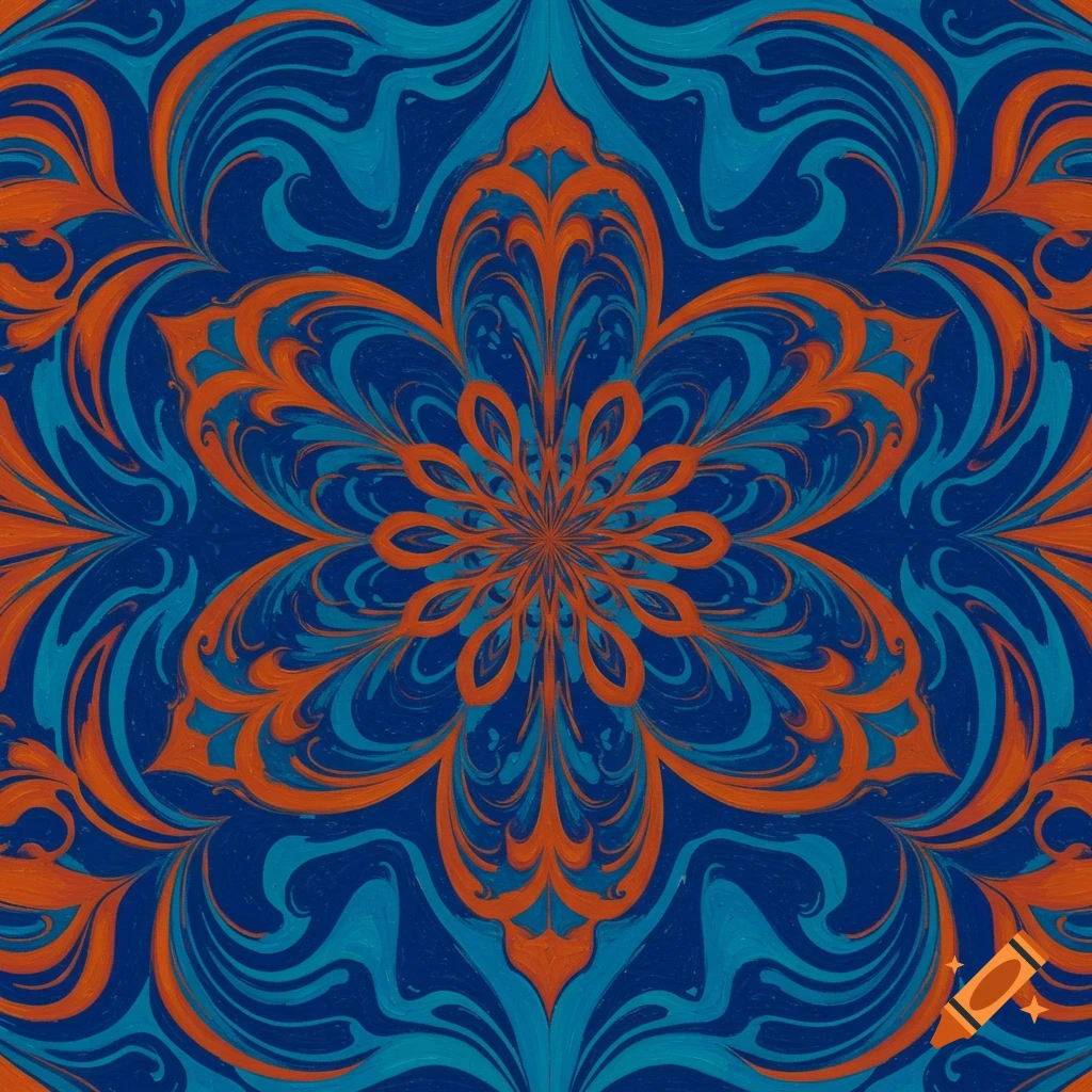 An intricate abstract mandala pattern in deep blue, light blue, and orange, with swirling lines and floral-like shapes.