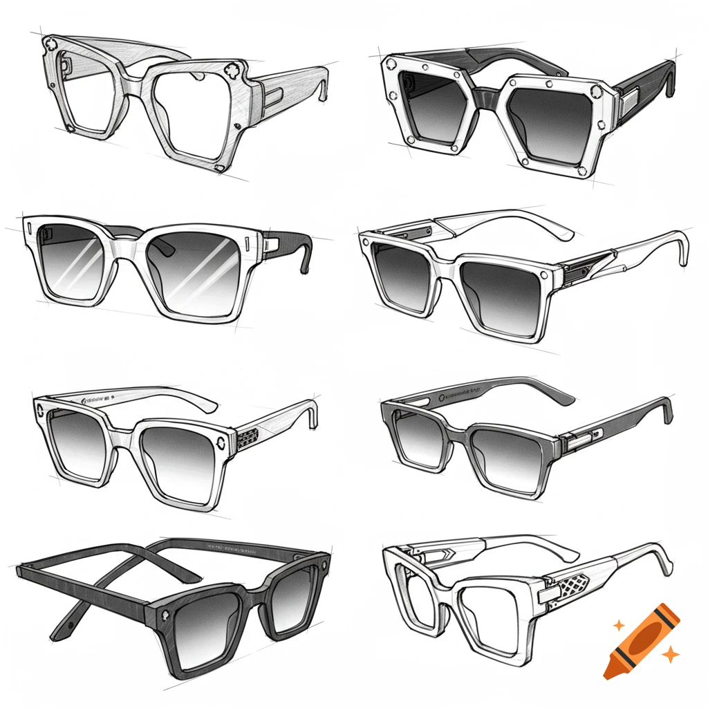 A black and white sketch of eight different sophisticated sunglasses designs, presented in a product design research notebook style.