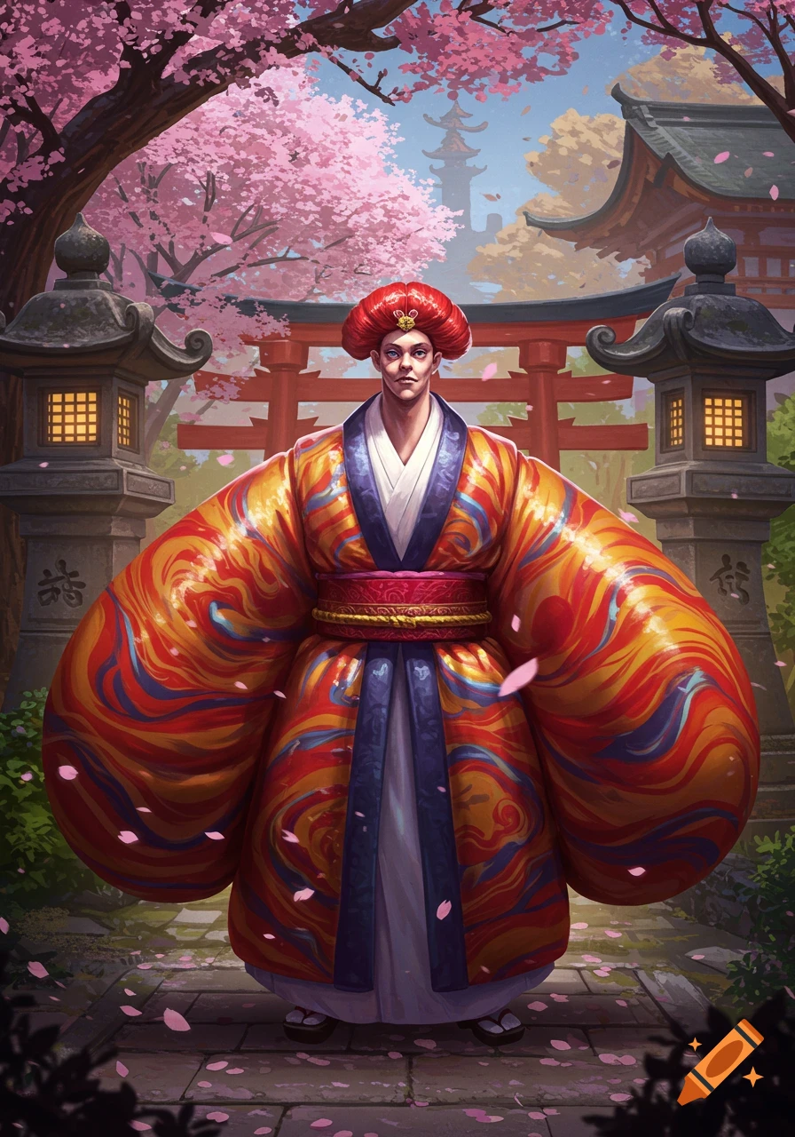 A stylized figure in an oversized, colorful kimono and red turban stands in a Japanese garden with cherry blossoms and a torii gate.