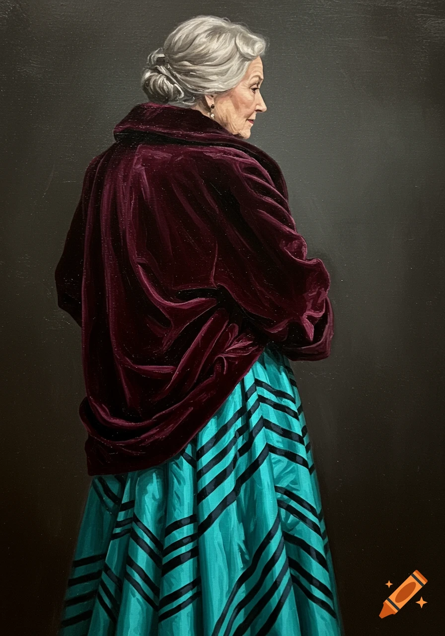 An oil painting of an elderly woman from the back, turned 3/4, wearing a burgundy velvet coat and a turquoise striped skirt.
