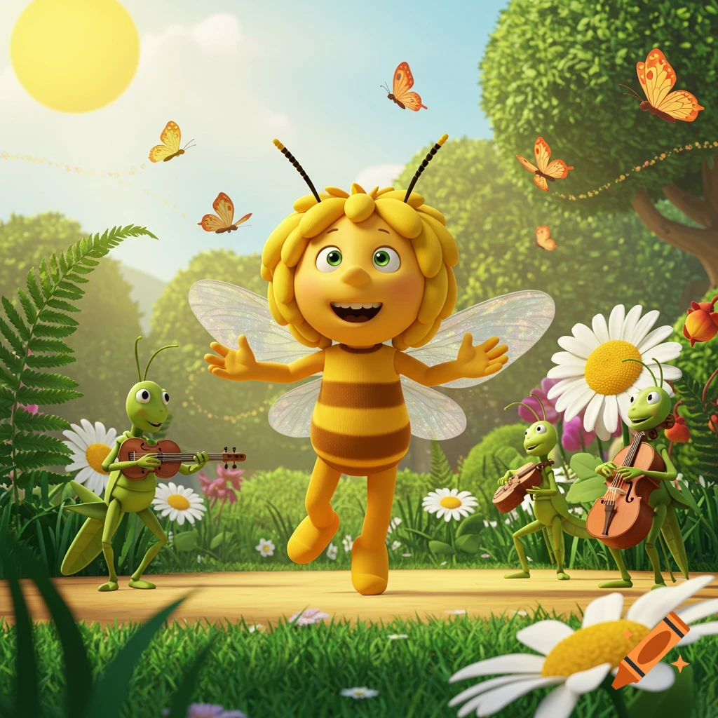 A cheerful cartoon Maya the Bee dances in a sunny meadow with grasshoppers playing musical instruments and butterflies flying around.