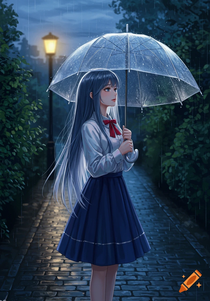An anime girl with long blue hair, wearing a white shirt and blue skirt, walks with a clear umbrella on a rainy night street under a lamp.