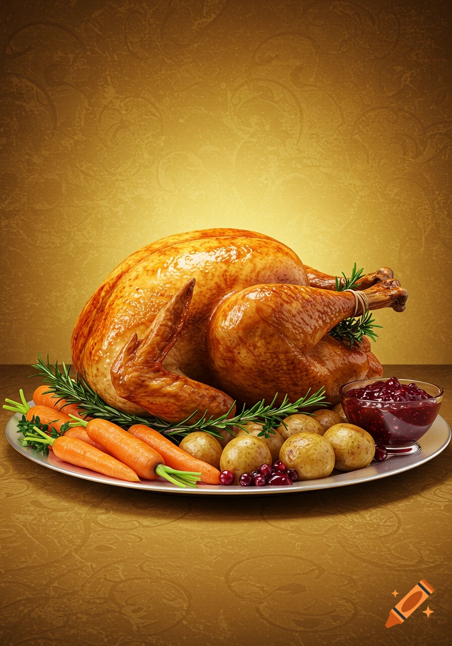 A golden roasted Thanksgiving turkey garnished with rosemary, served on a platter with carrots, potatoes, and cranberry sauce against a textured gold background.