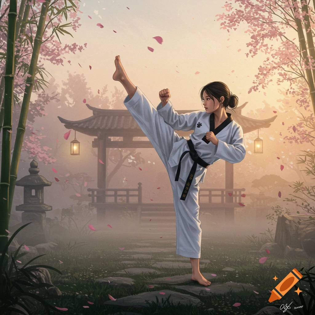 A barefoot Korean woman in a white taekwondo uniform with a black belt performs a high kick in a serene Japanese garden with cherry blossoms, bamboo, and traditional pagodas at sunset, in a digital art style.