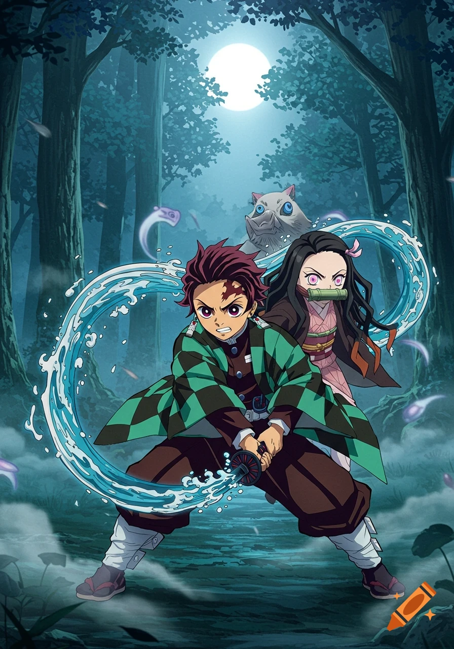 Anime characters Tanjiro and Nezuko, with Inosuke, in a dark forest under a full moon. Tanjiro wields a sword with water effects.