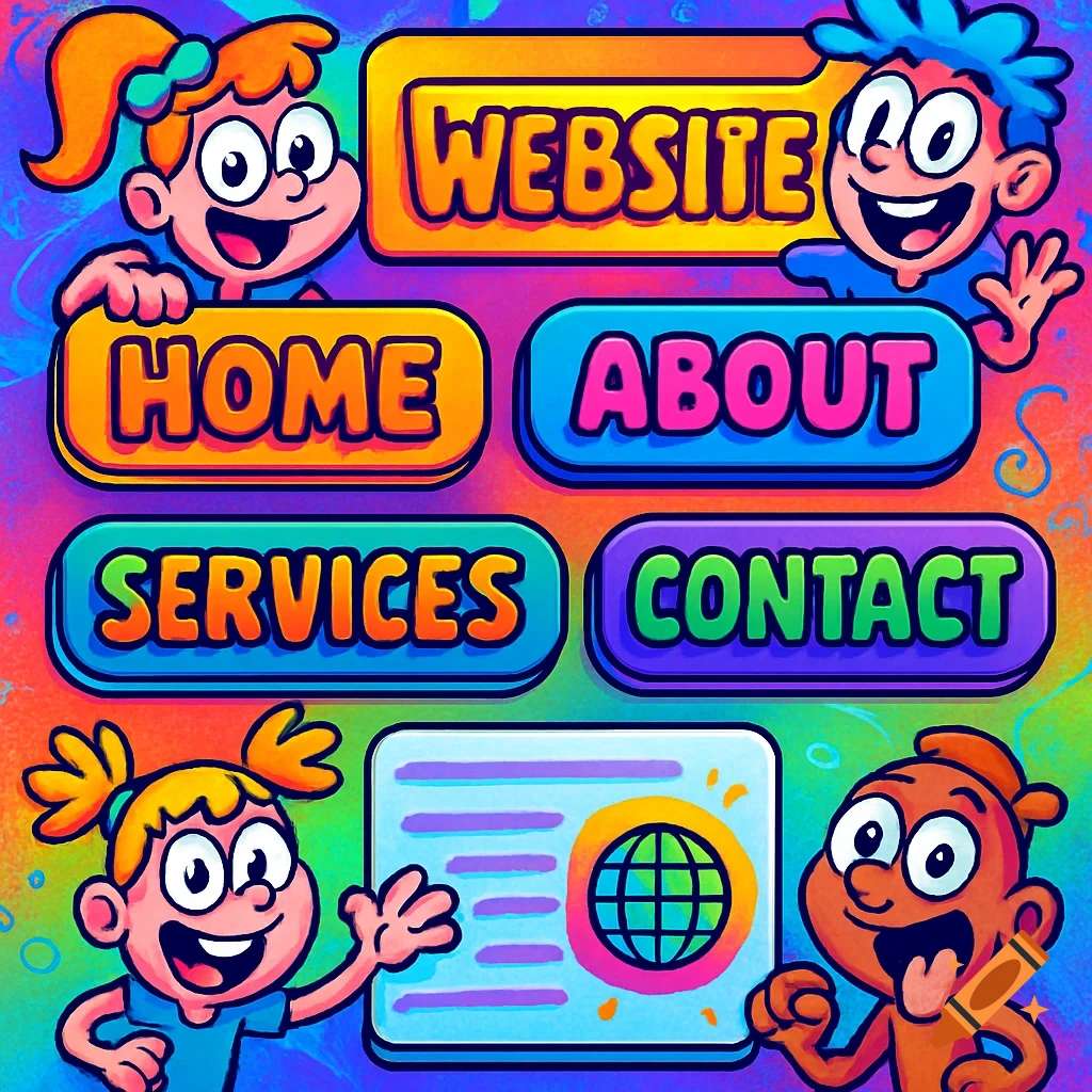 Vibrant 90s cartoon website UI with happy kids, colorful navigation buttons, and a browser window icon.