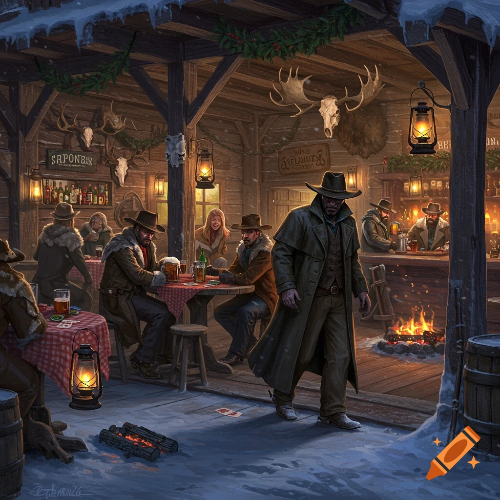 A desperado enters a snowy, rustic Wild West saloon with patrons drinking and playing cards by a fireplace.