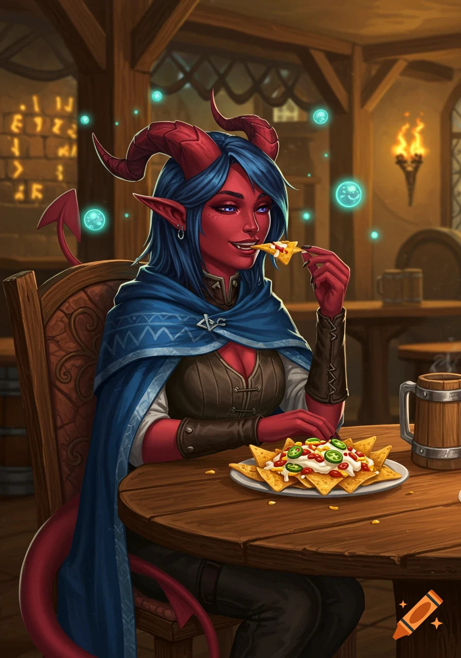 A red-skinned, blue-haired female tiefling with horns and a tail ...