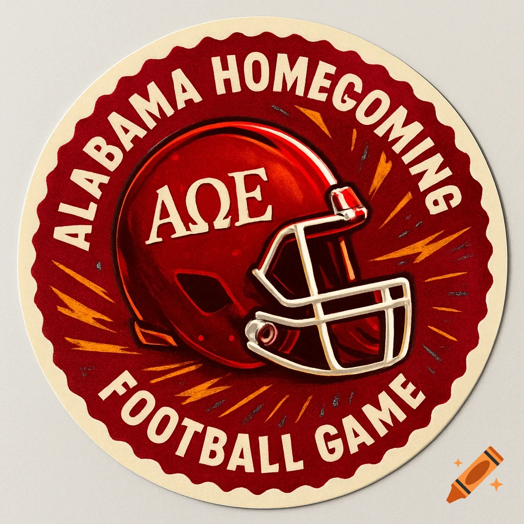 Vibrant round sticker for Alabama Homecoming Football Game, featuring a red helmet with the Greek letters A MegaE.