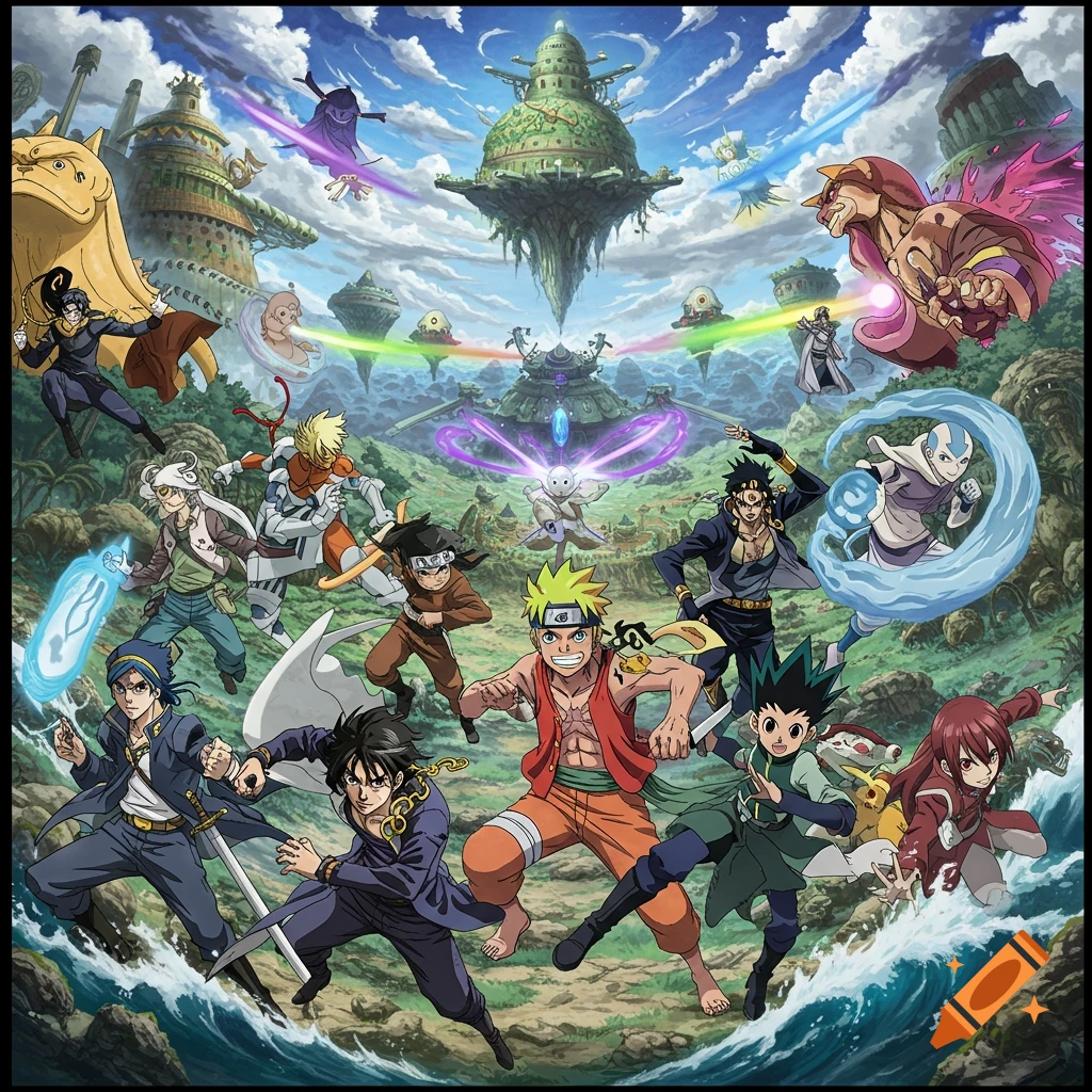 An anime-style fantasy artwork depicts a large group of diverse characters, including Naruto, Gon, and Aang, in dynamic poses against a lush landscape with floating islands and fantastical architecture under a blue sky.