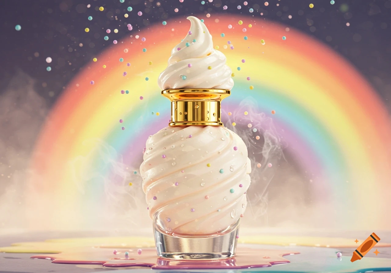 A whimsical perfume bottle shaped like a soft-serve ice cream cone with sprinkles, set against a vibrant rainbow background.