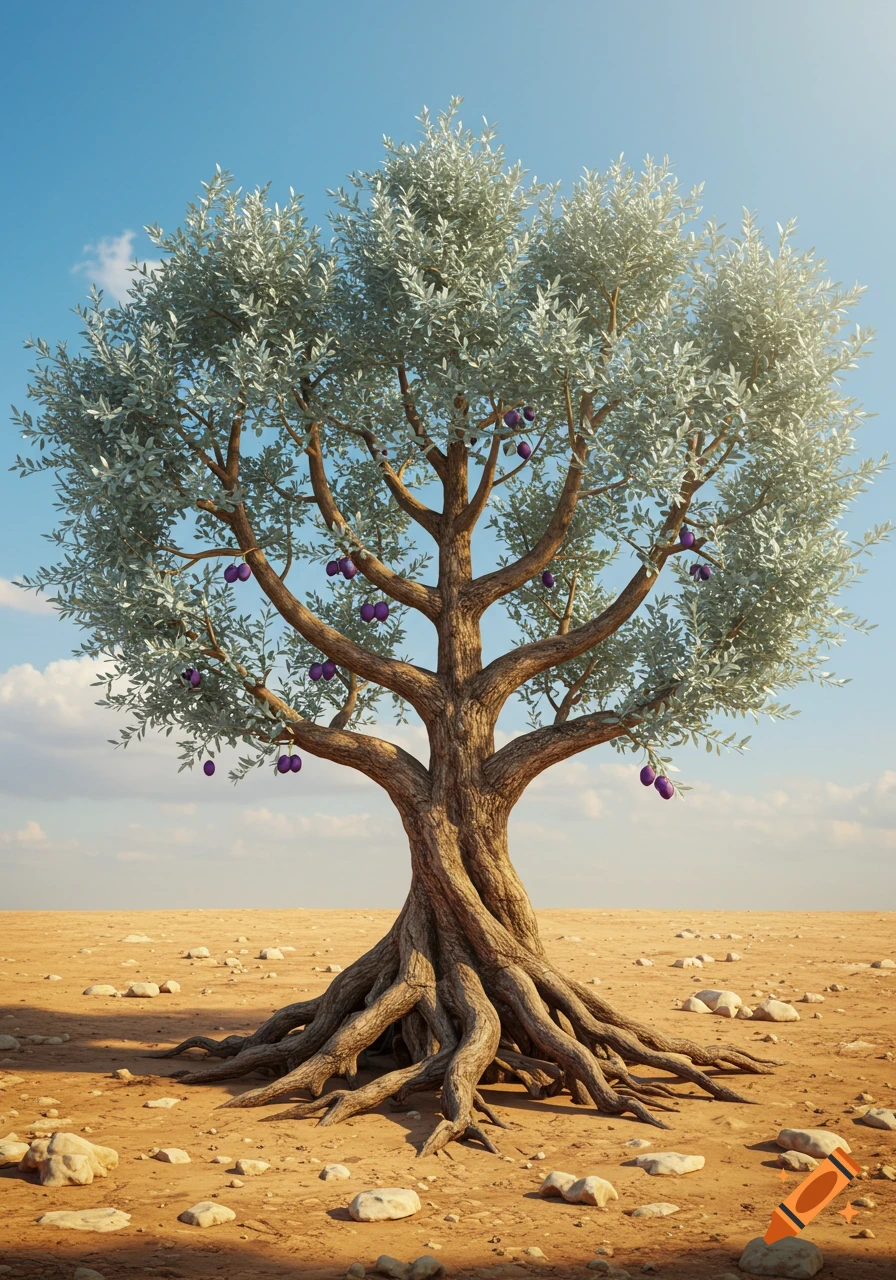 A photorealistic olive tree with gnarled roots and silver-green leaves bears purple fruits in a barren desert under a blue sky.