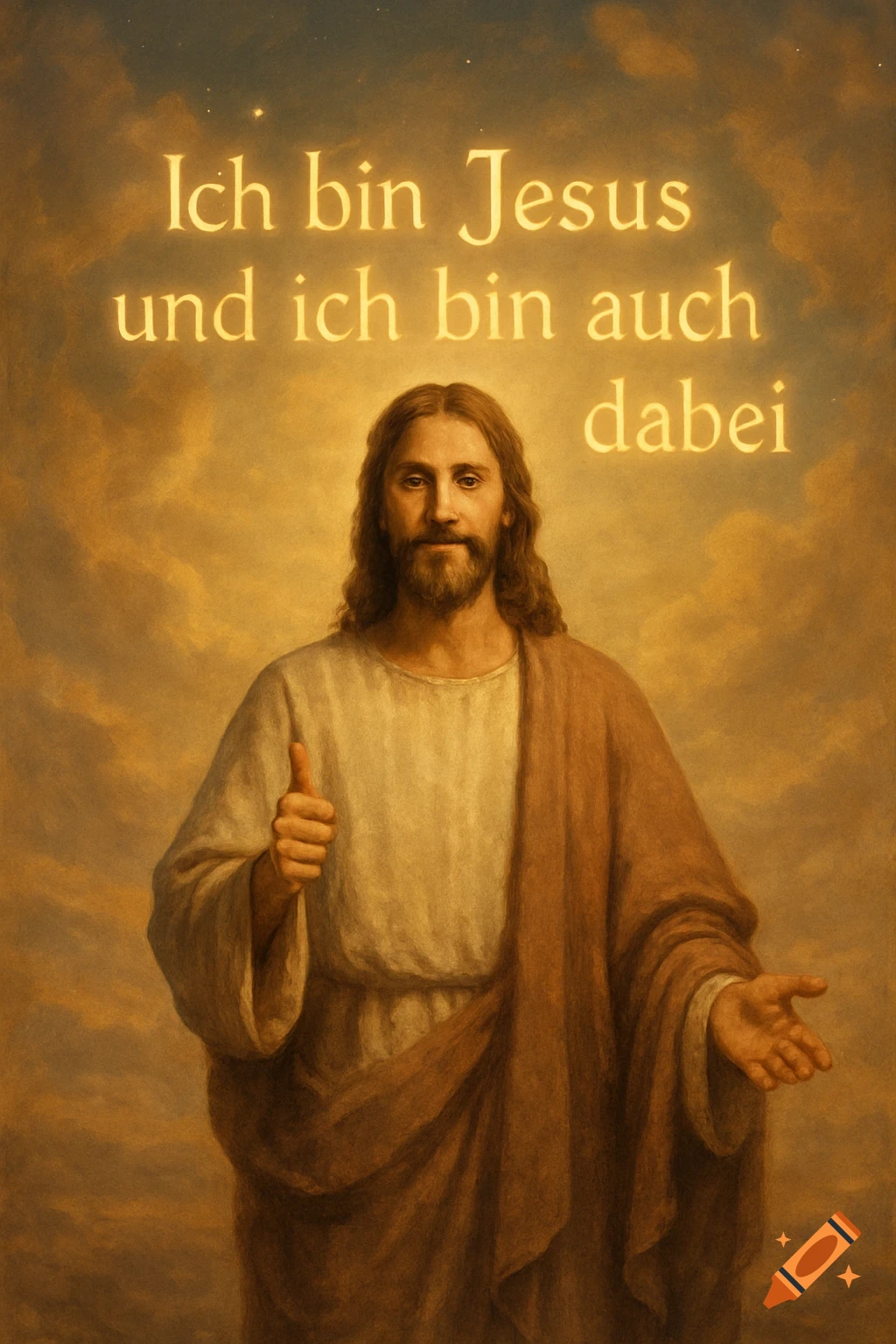 Painting of Jesus giving a thumbs-up. German text 'Ich bin Jesus und ich bin auch dabei' floats above him in a golden, cloudy sky.