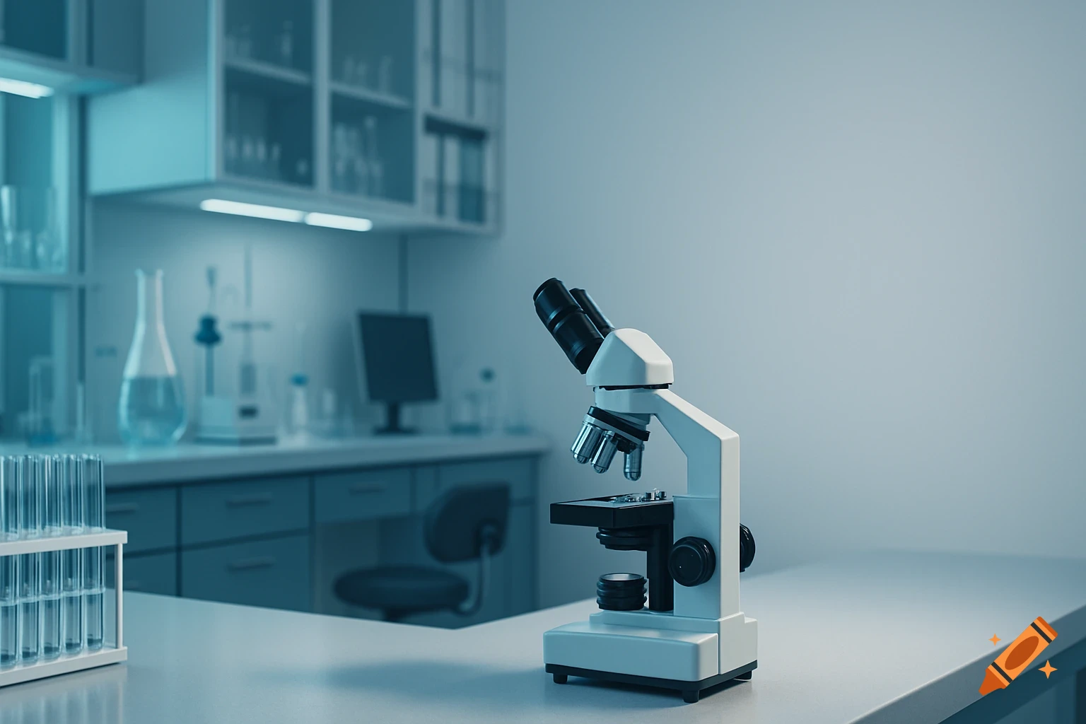 A white microscope sits on a clean counter in a modern, blue-toned laboratory with test tubes and lab equipment.