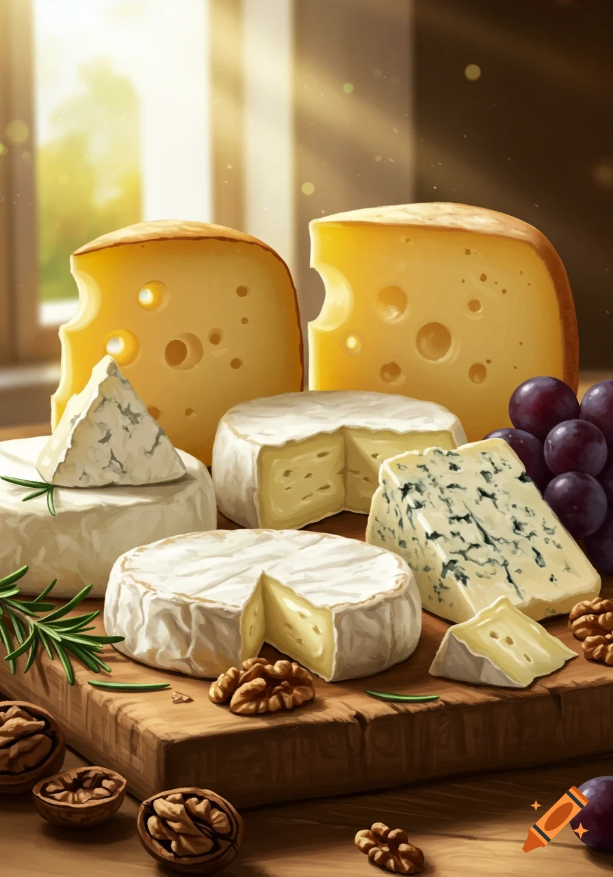 A vibrant still life featuring an assortment of cheeses, purple grapes, and walnuts arranged on a rustic wooden board in an illustrative style.