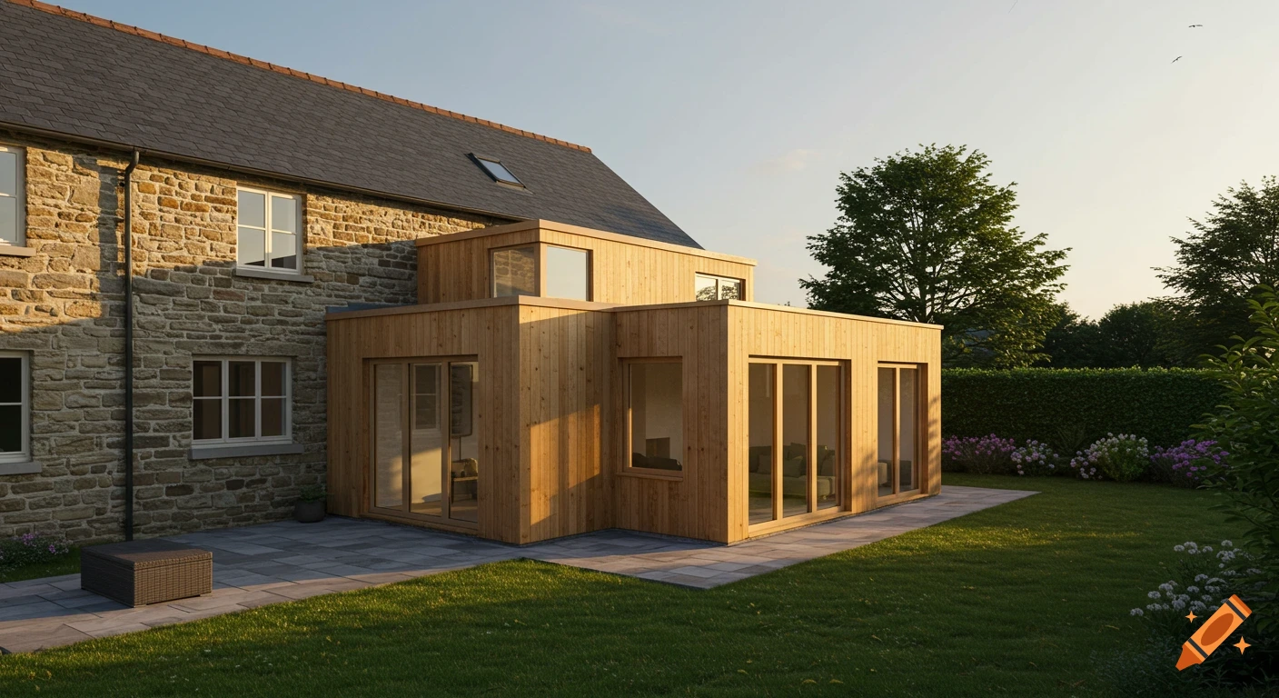 Photorealistic image of a modern wooden house extension with large windows attached to an older stone house, set in a green garden during golden hour.