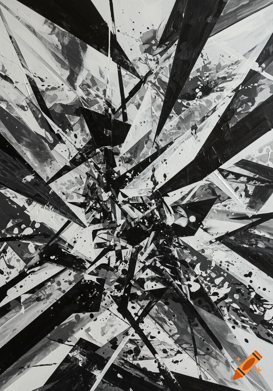 Abstract black and white painting with sharp, broken geometric shapes ...