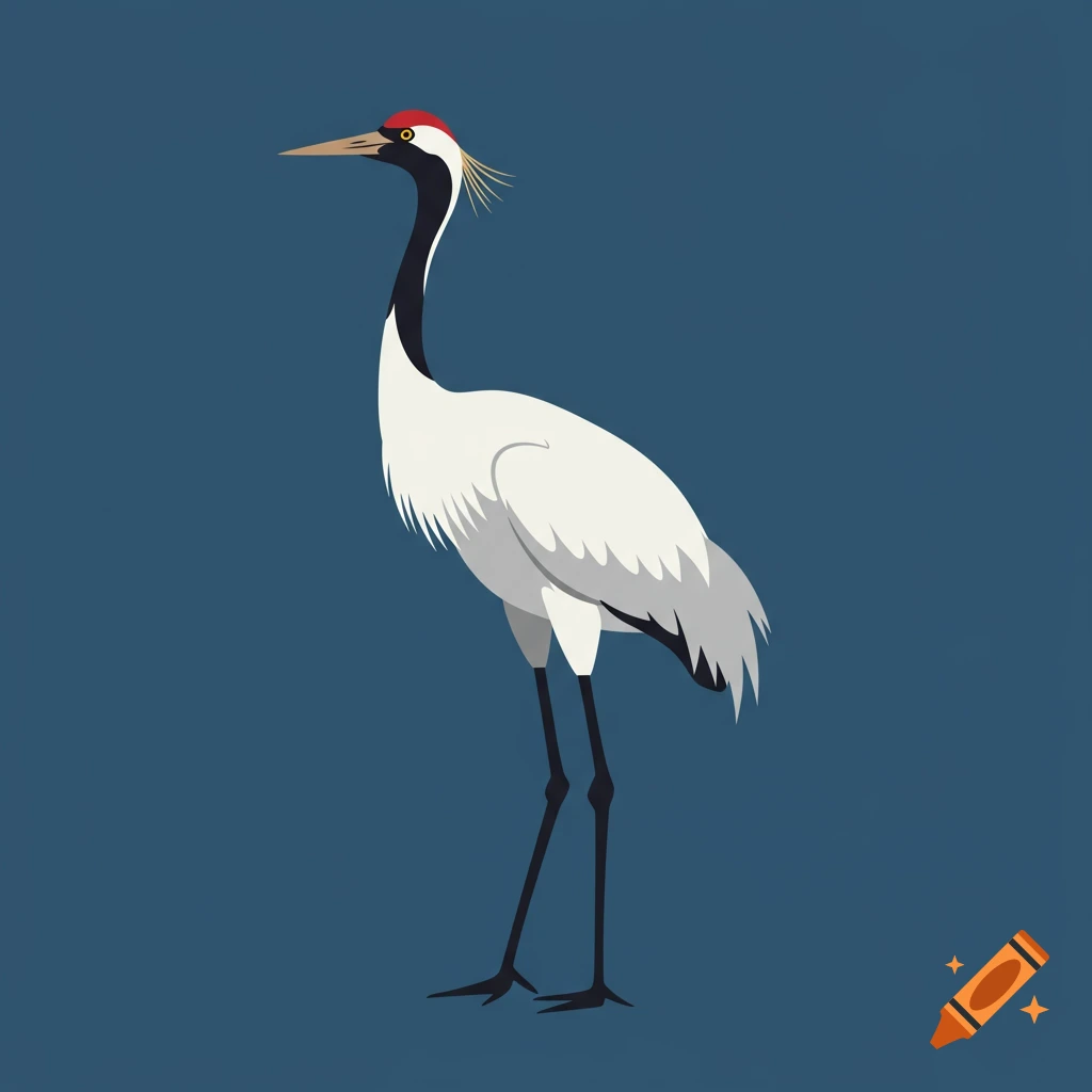 A stylized red-crowned crane with white and black feathers, standing against a solid blue background in clipart style.