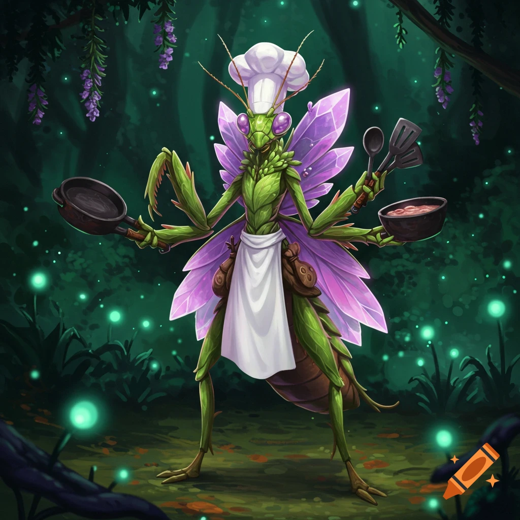 A fantasy mantis chef with purple wings and an apron holds a frying pan and utensils in a glowing forest.