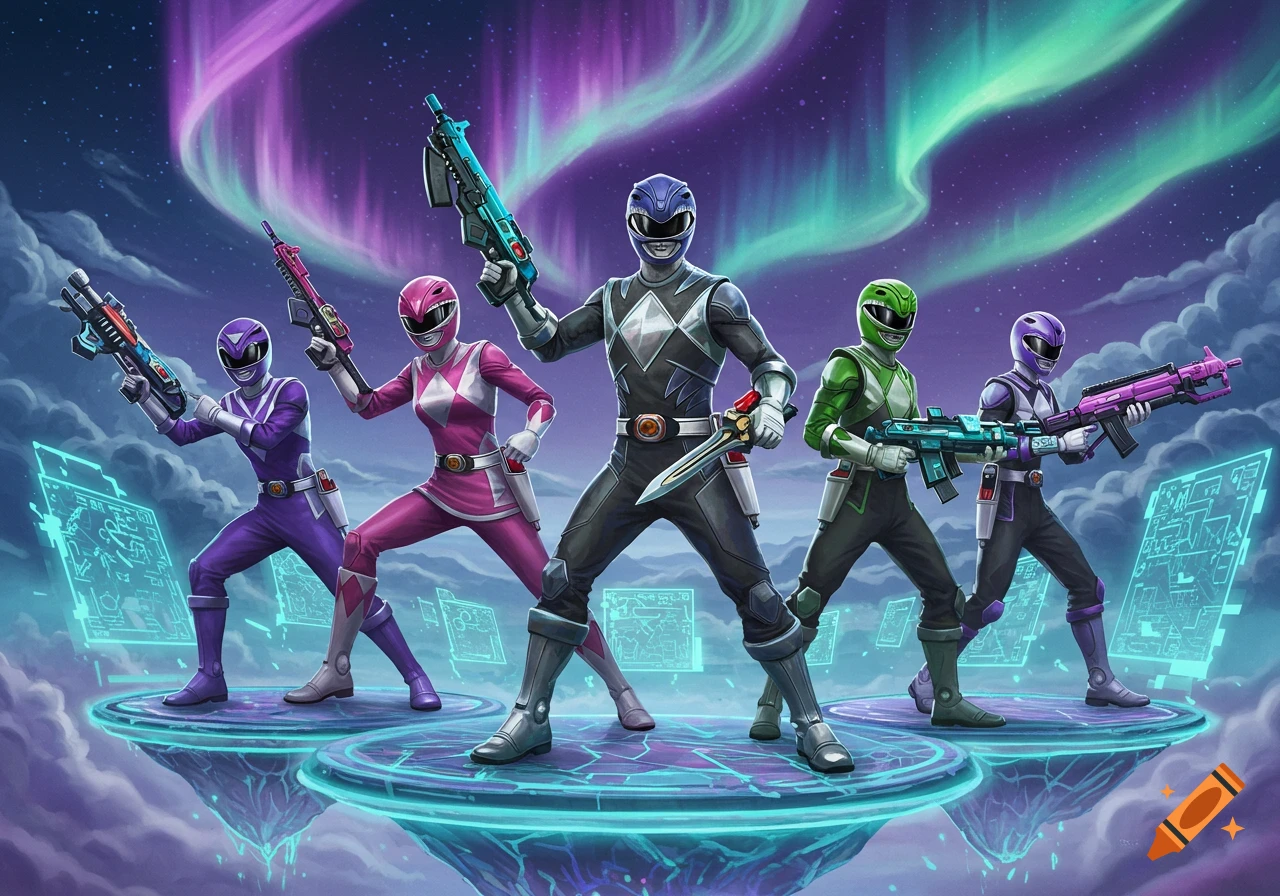 Five Power Rangers in colorful suits stand on glowing platforms, holding futuristic weapons against an aurora-lit sky with clouds.