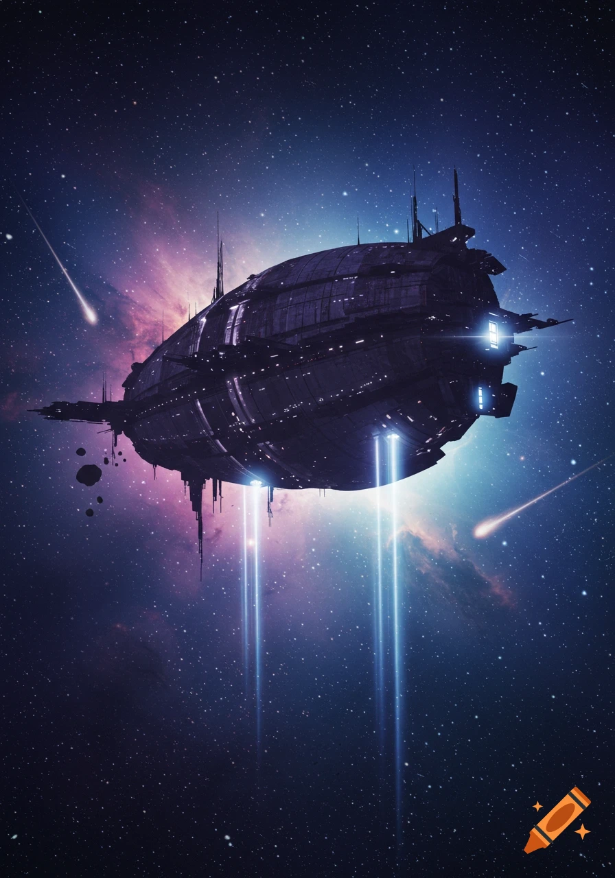 A large, dark futuristic spaceship with glowing blue engines ascends through a star-filled galaxy with a colorful nebula and shooting stars.