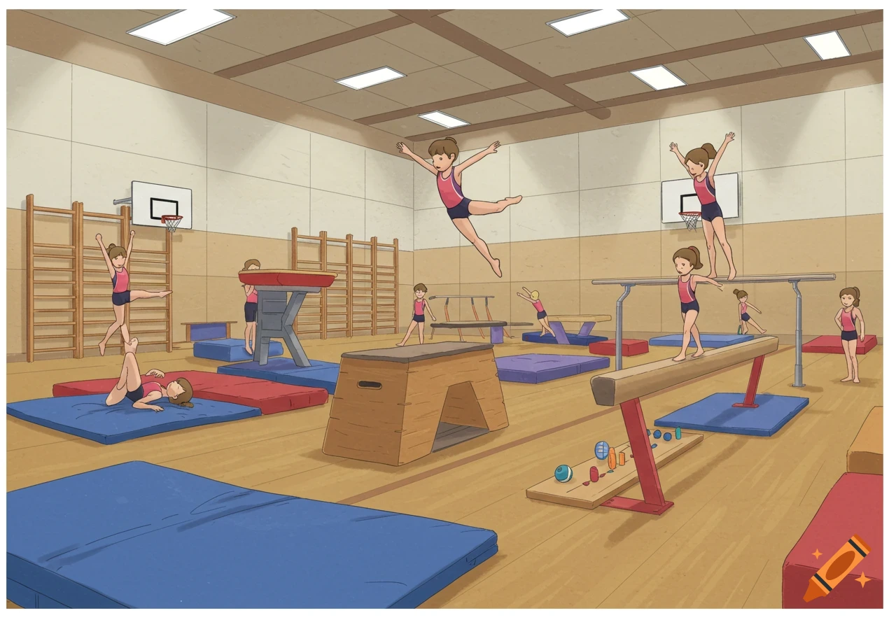 Illustration of young girls doing gymnastics in a gym with a balance beam, parallel bars, vaulting box, and mats.