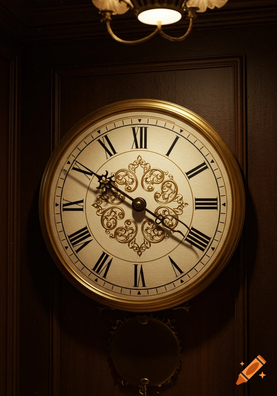 A close-up of a vintage wall clock with Roman numerals, ornate gold accents, and hands showing 9:00, set in dark wood paneling.