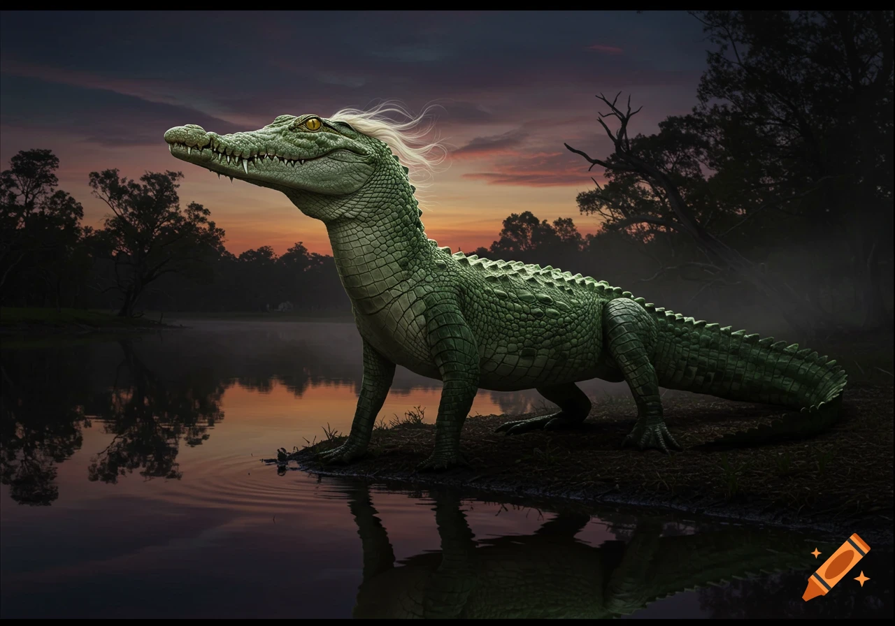 A photorealistic crocodile-horse hybrid with a white mane stands by a calm lake at dusk.