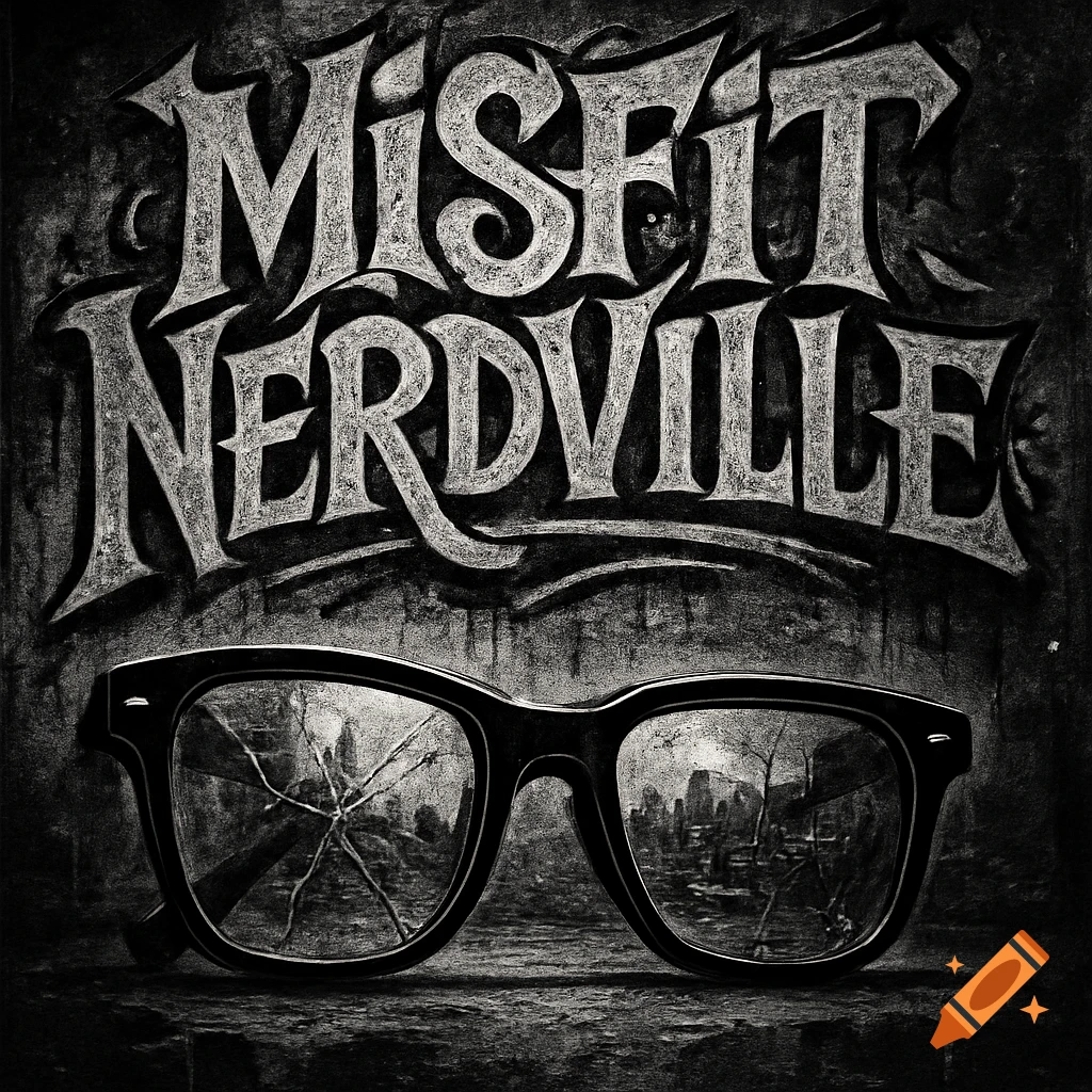 High-contrast monochromatic graffiti text "Misfit Nerdville" above broken glasses reflecting a gritty cityscape.