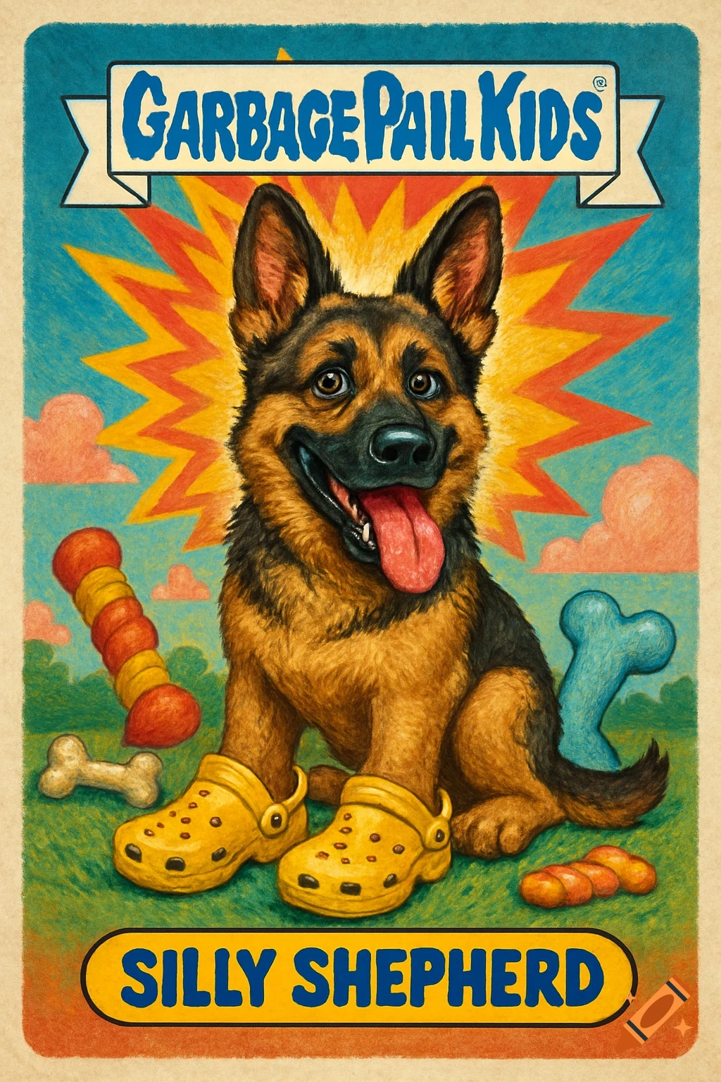 A Garbage Pail Kids style illustration of a German Shepherd wearing yellow crocs, with "Silly Shepherd" at the bottom.