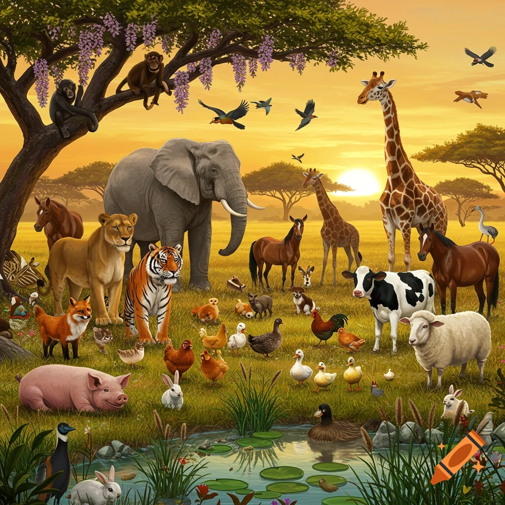 Numerous wild and domestic animals, including elephants, giraffes, lions, pigs, and birds, gathered in a savanna field at sunset with a pond.