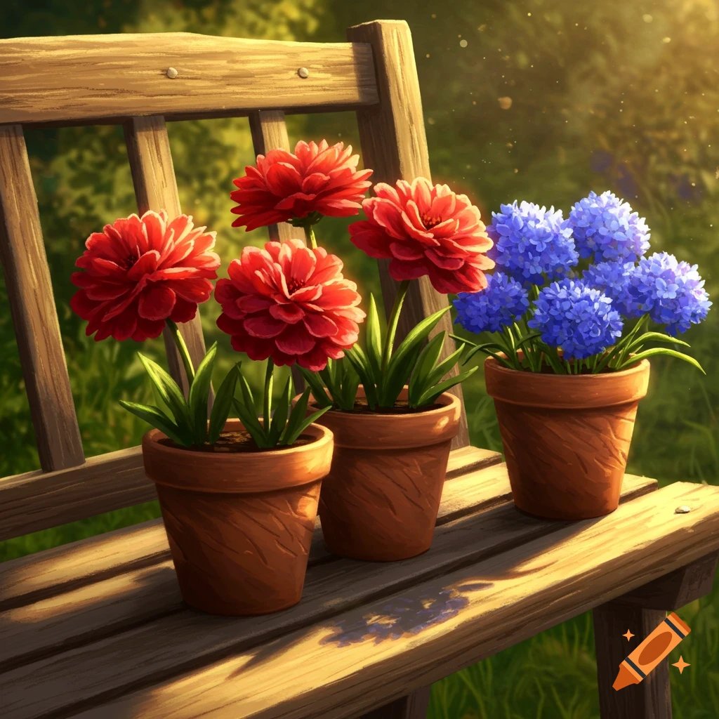 Potted red and blue flowers sit on a sunlit wooden bench, with green foliage in the background.