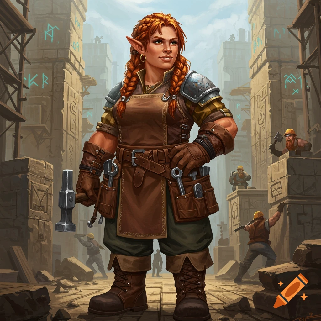 A red-haired dwarven female engineer with braided hair, wearing an apron with tools and holding a hammer, stands in a fantasy construction site.