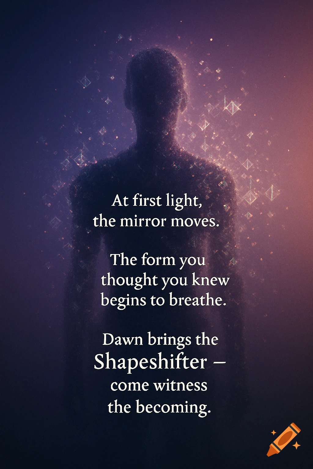 A mystical silhouette of a person surrounded by glowing fractal particles against an indigo to rose-gold gradient, with a poetic quote.